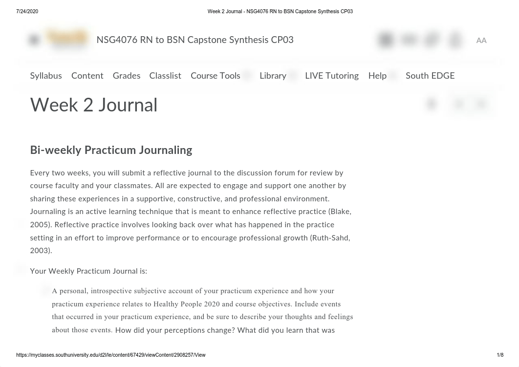 Week 2 Journal - NSG4076 RN to BSN Capstone Synthesis CP03.pdf_d6ar3ieynk5_page1