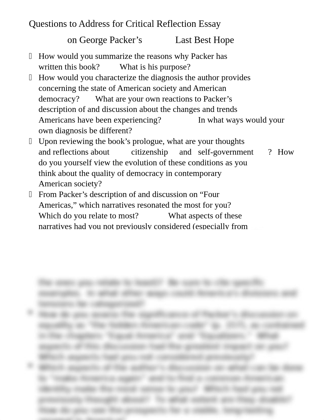 Questions to Address for Critical Reflection Essay on George Packer's 'Last Best Hope'.docx_d6cech53rv4_page1