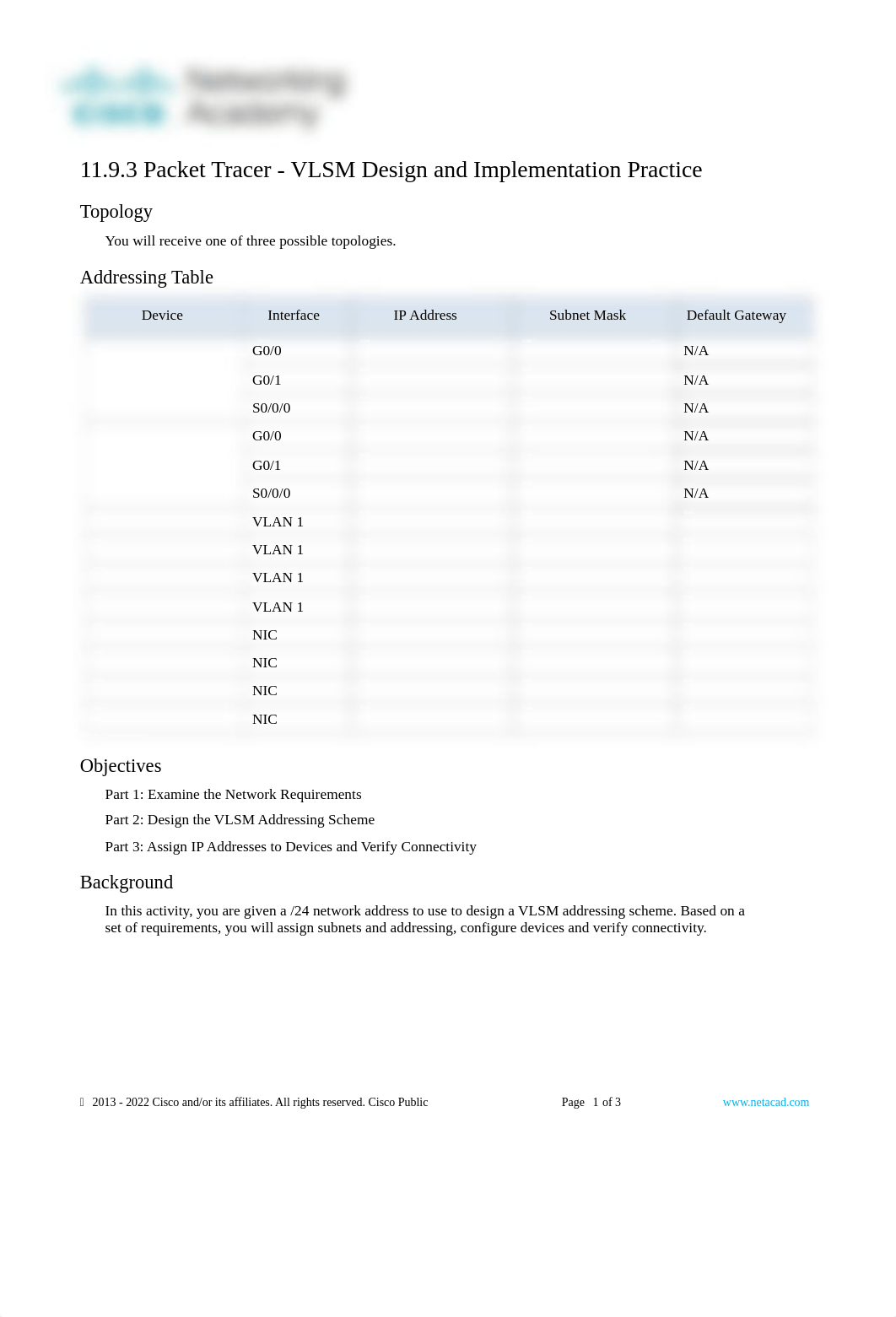 11.9.3 Packet Tracer - VLSM Design and Implementation Practice (1).pdf_d6cuz0yt7ty_page1