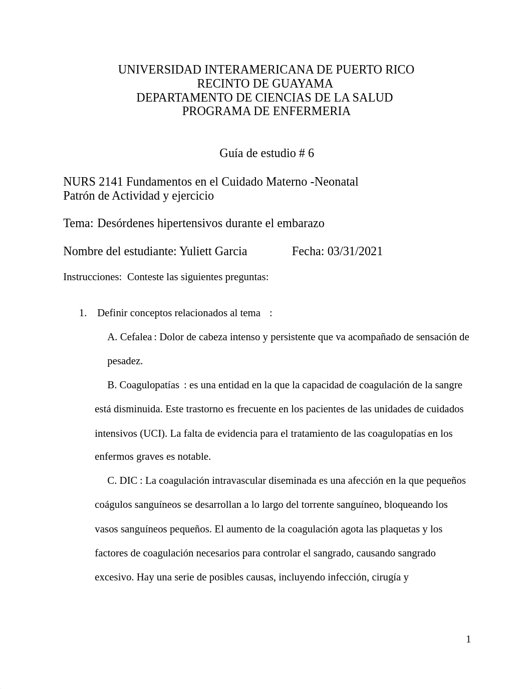 GUIA DE ESTUDIO #6 NURS 2141 PATRON ACTIVIDAD Y EJERCICIO  DESORDENES HIPERTENSIVOS.pdf_d6dl909xaar_page1