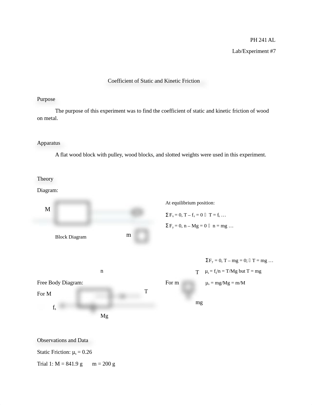 Coefficient of Static and Kinetic Friction - PH 241 Lab Report.docx_d6eczld12e7_page1