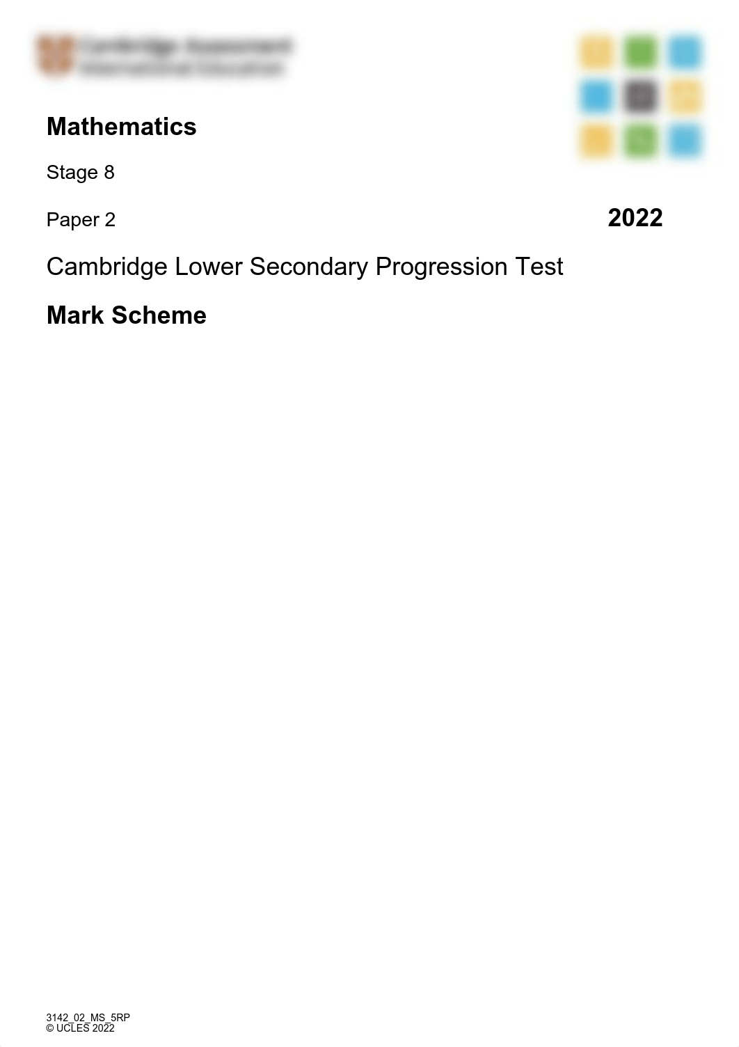 Cambridge Lower Secondary Progression Test - Mathematics 2022 Stage 8 - Mark Scheme P2 (2).pdf_d6ejsn0wbfs_page1