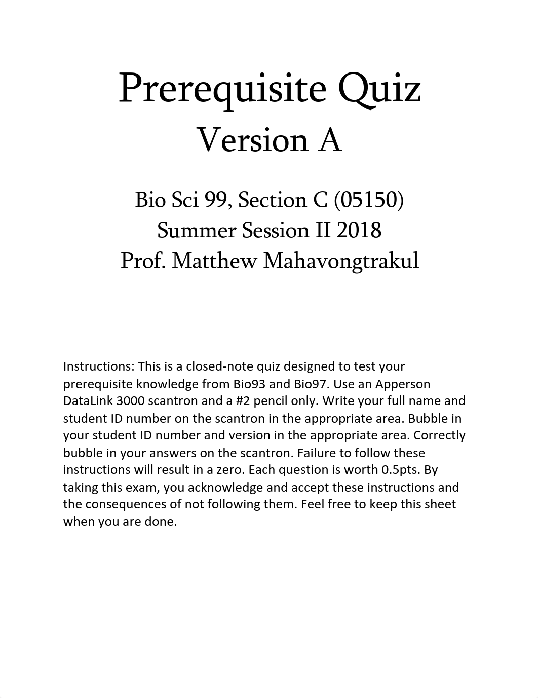 Bio Sci 99 - Prerequisite Quiz Ver A Key.pdf_d6eng0f4ald_page1