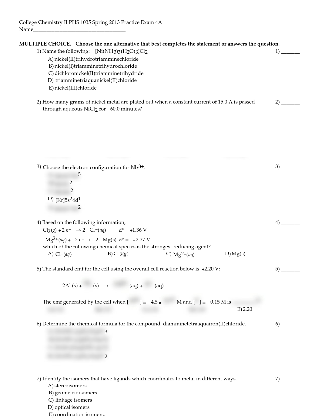 college chemistry ii phs 1035 spring 2013 practice exam 4a_d6ereusa8uv_page1