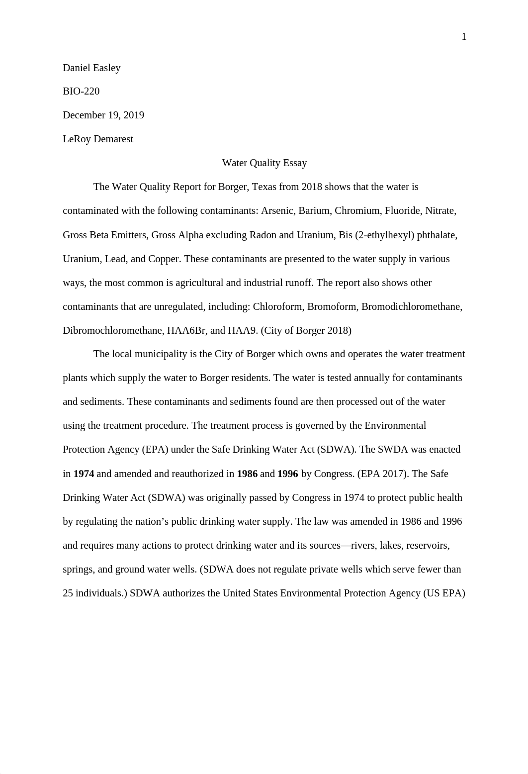 Daniel Easley - BIO-220 - Water Quality Essay.docx_d6hbp50uhau_page1