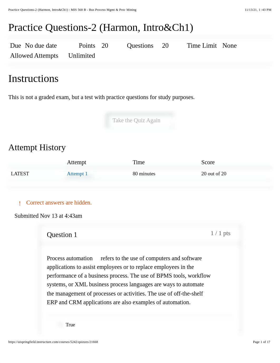 Practice Questions-2 (Harmon, Intro&Ch1) : MIS 568 B - Bus Process Mgmt & Proc Mining.pdf_d6i1nhsl5sr_page1