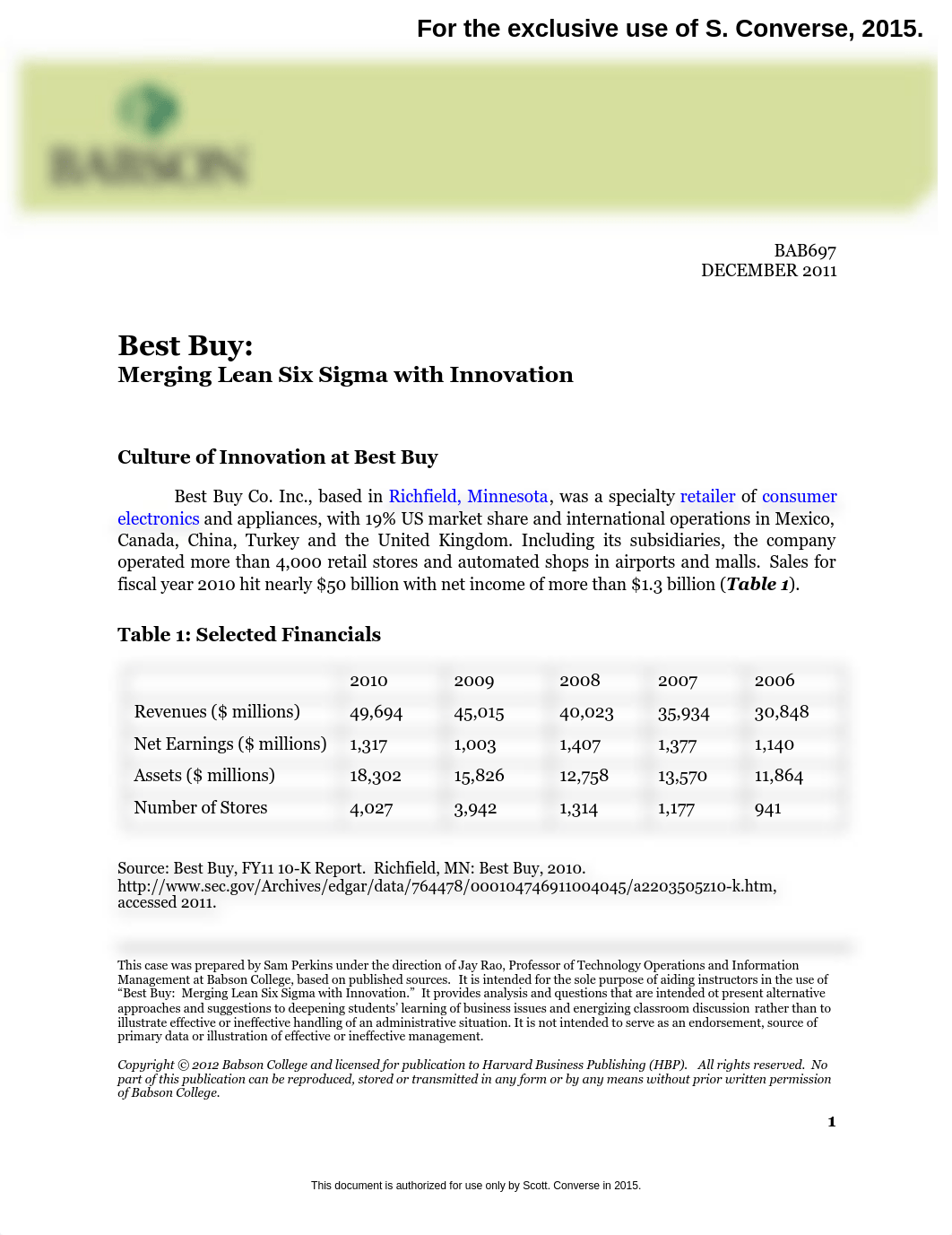 D2-Best Buy Lean Six Sigma Case-Babson.pdf_d6i4mon1krd_page1