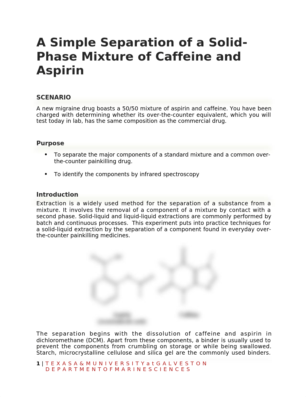 Separation of a Solid Mixture of Caffeine and Aspirin(1)(1)(1)_d6kb58fq4tl_page1