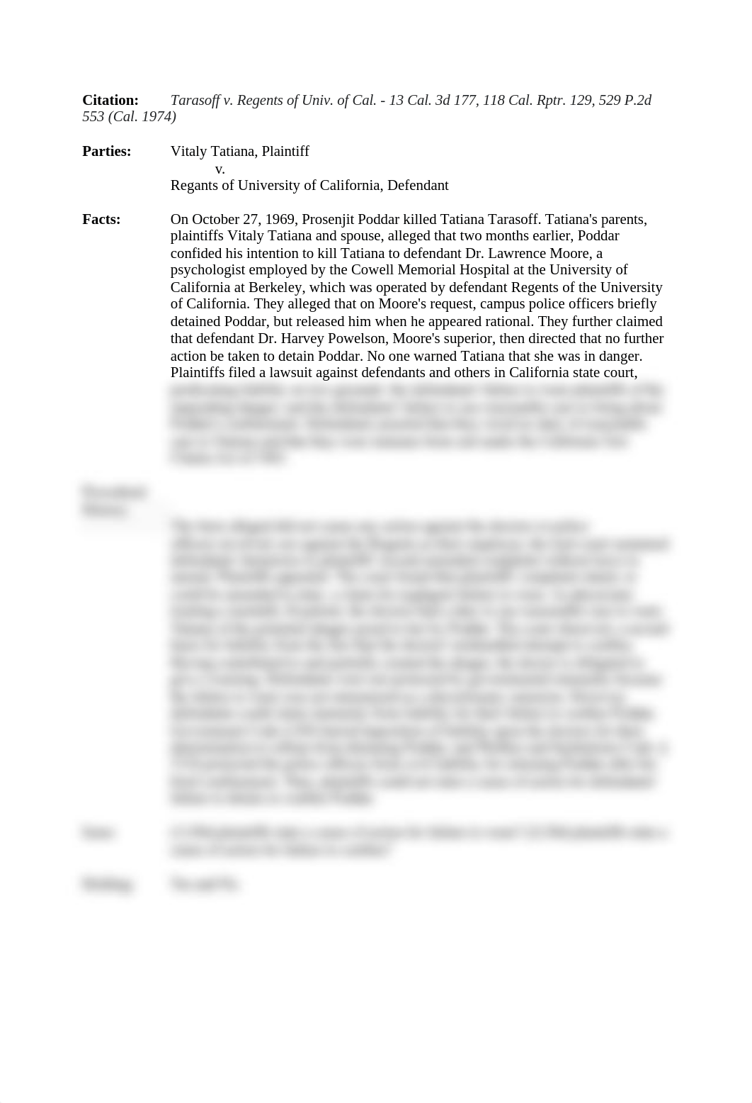 Tarasoff v. Regents of Univ. of Cal. - 13 Cal. 3d 177, 118 Cal. Rptr. 129, 529 P.2d 553 (Cal. 1974)._d6lhr6o6v7h_page1