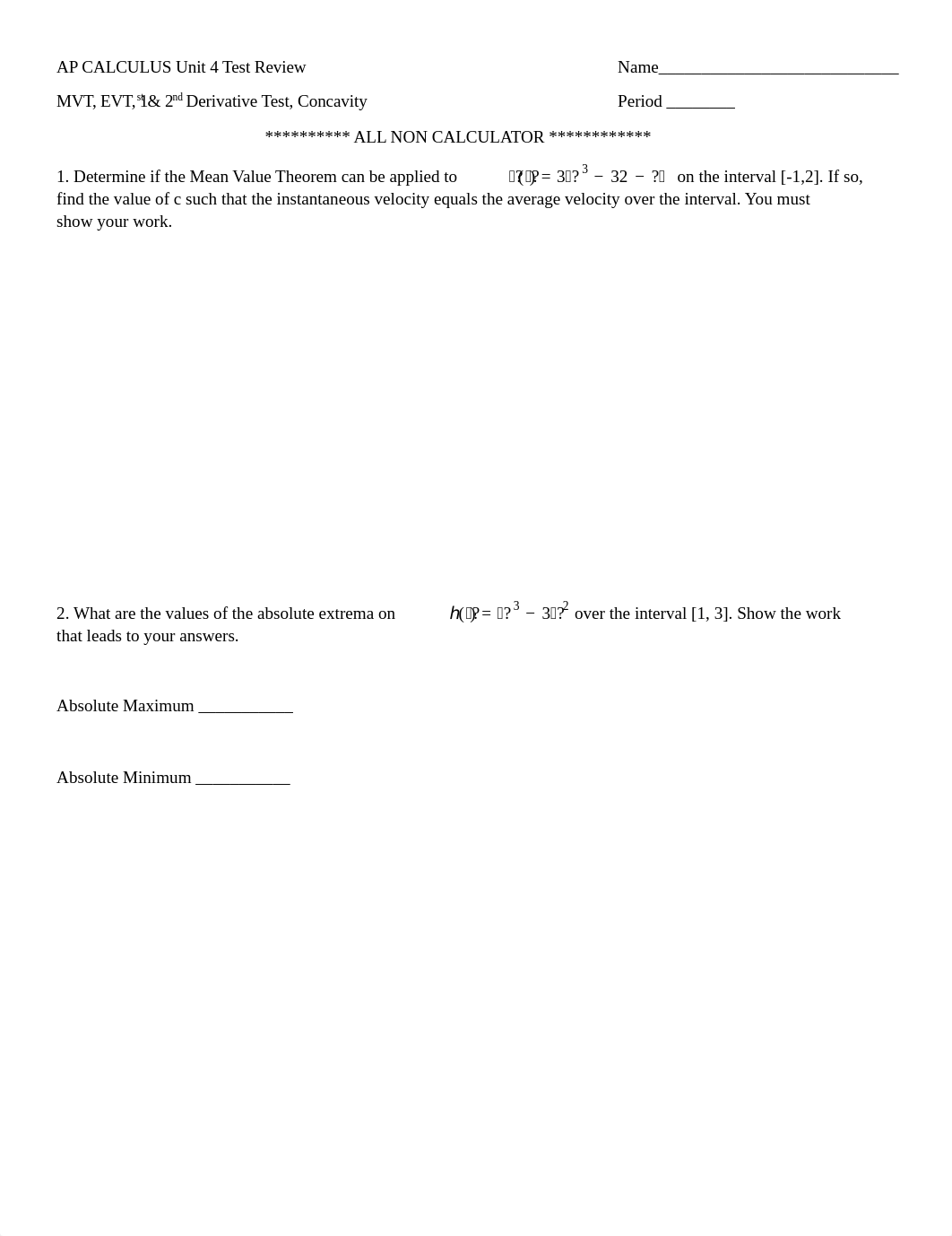 Calculus AB 4.1-4.5 TEST REVIEW - EVT, MVT, First and Second Derivative Tests.pdf_d6mpb0utiq2_page1