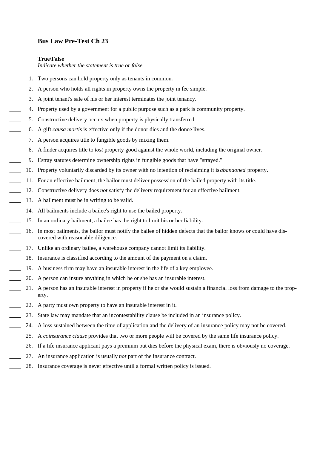 Bus Law Pre-Test Ch 23 Insurance_d6orl4xy0s5_page1