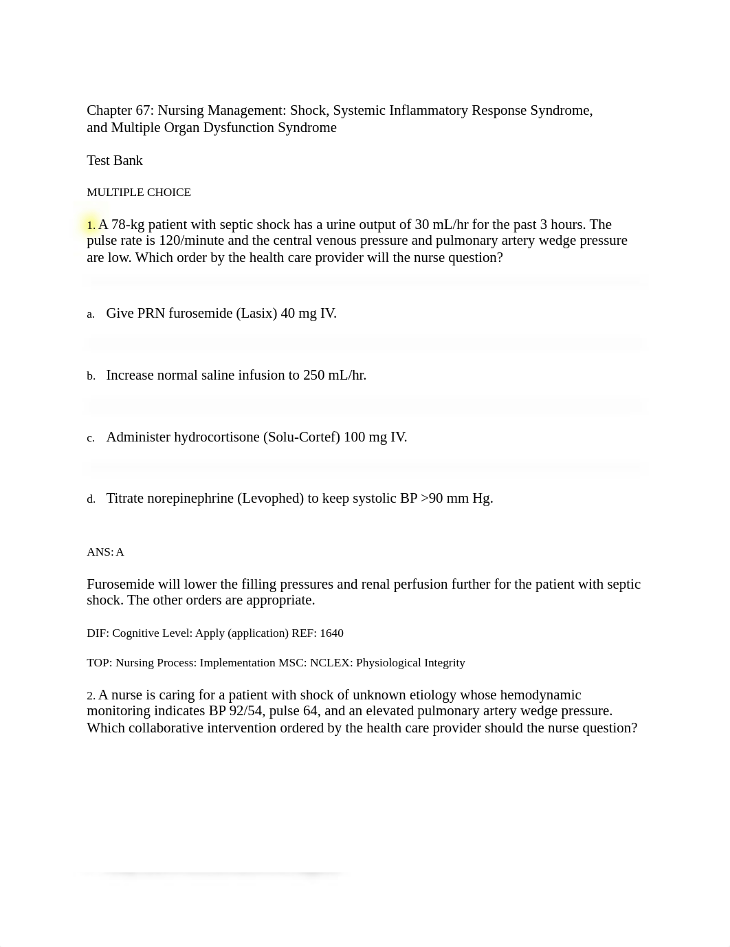 Chapter 67 Nursing Management Shock, Systemic Inflammatory Response Syndrome, and Multiple Organ Dys_d6p7udsjbea_page1