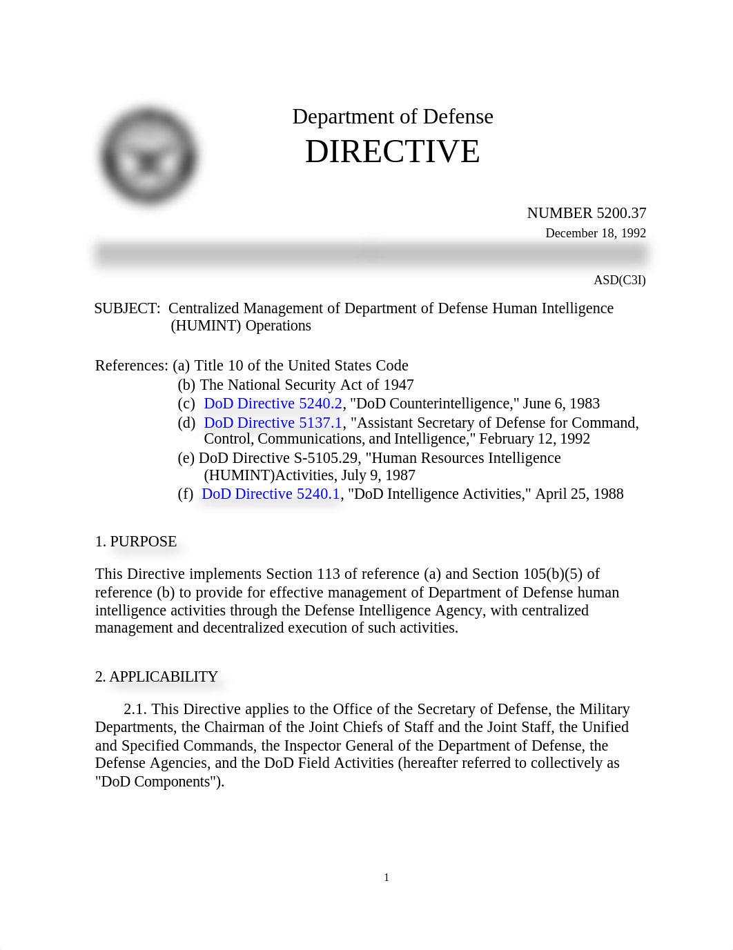 DoD Directive S-5200.37 Centralized Management of DoD HUMINT Operations, 1992 - old.pdf_d6ptld6b2r0_page1