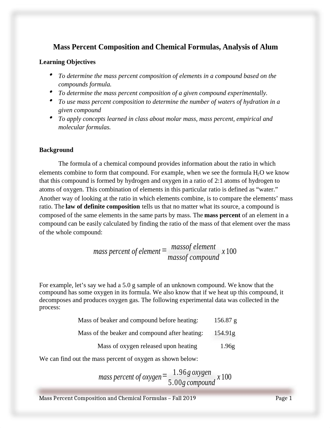 06-Mass Percent composition and chemical formulas Fall 2019.docx_d6r438w7pbm_page1