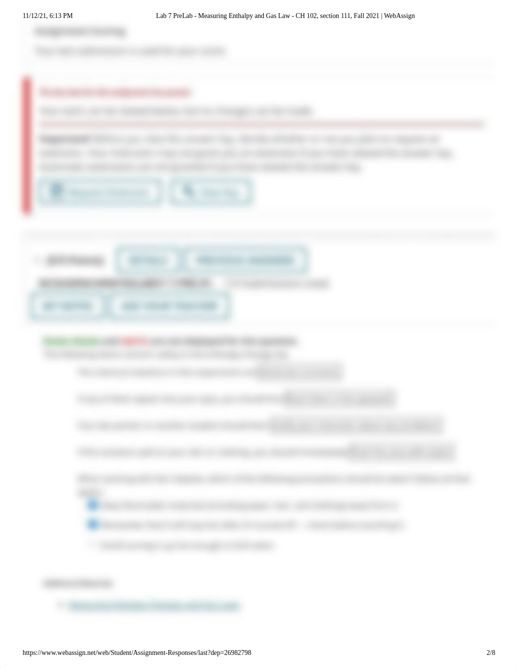 Lab 7 PreLab - Measuring Enthalpy and Gas Law - CH 102, section 111, Fall 2021 _ WebAssign.pdf_d6rrbovx2ot_page1