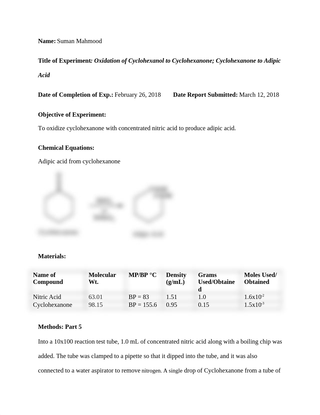 Oxidation of Cyclohexanol to Cyclohexanone; Cyclohexanone to Adipic Acid.docx_d6rxizw3ua9_page1