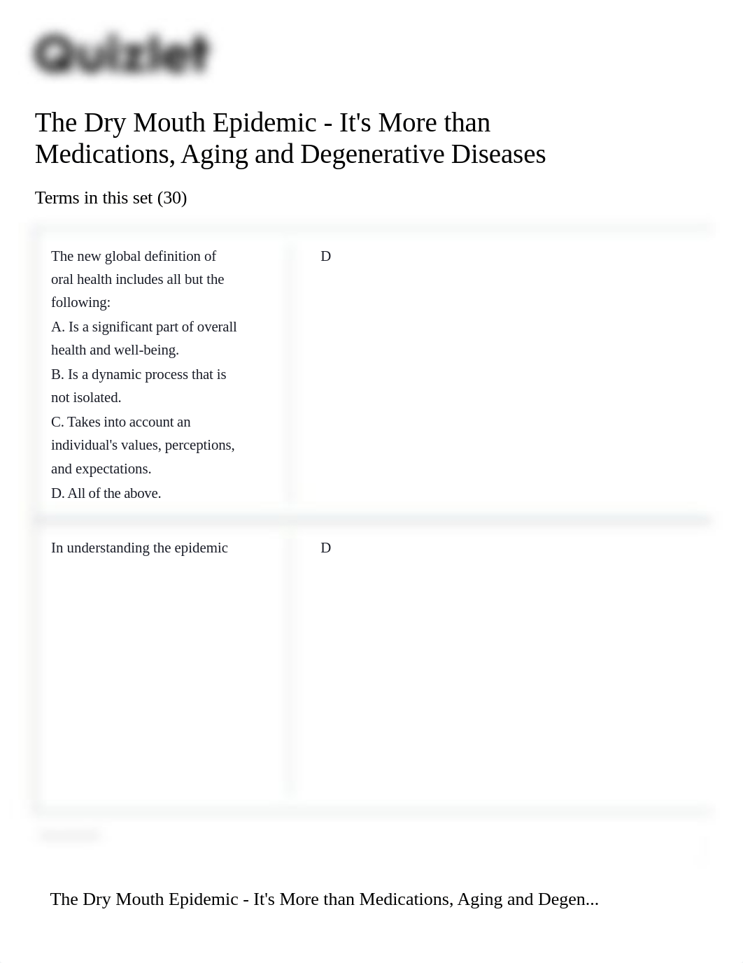 Quizlet The Dry Mouth Epidemic - It's More than Medications, Aging and Degenerative Diseases Flashca_d6tt7lcodjn_page1