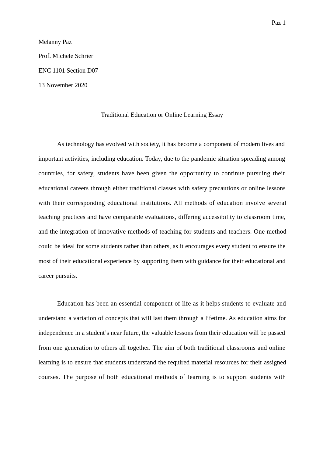 Traditional Education or Online Learning Essay - Melanny Paz C.docx_d6vei32416g_page1