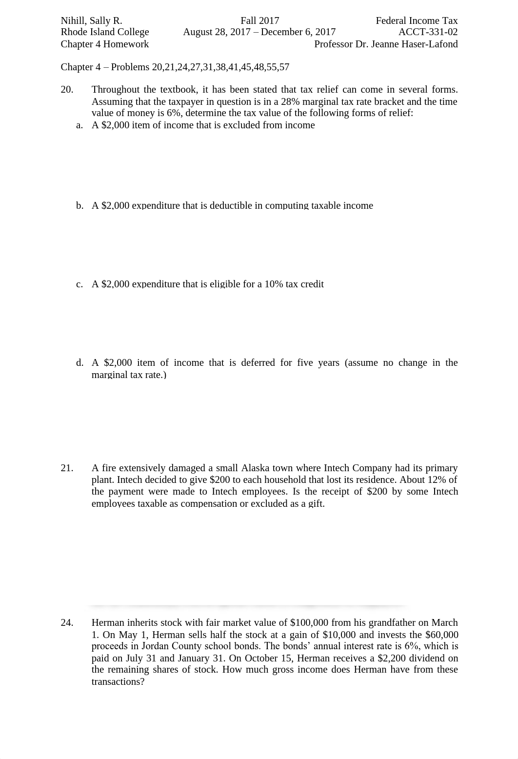 Fall 2017 - ACCT-331-02 Federal Income Tax - Nihill, Sally R. Chapter 4 Homework.pdf_d6x6mgrnblu_page1