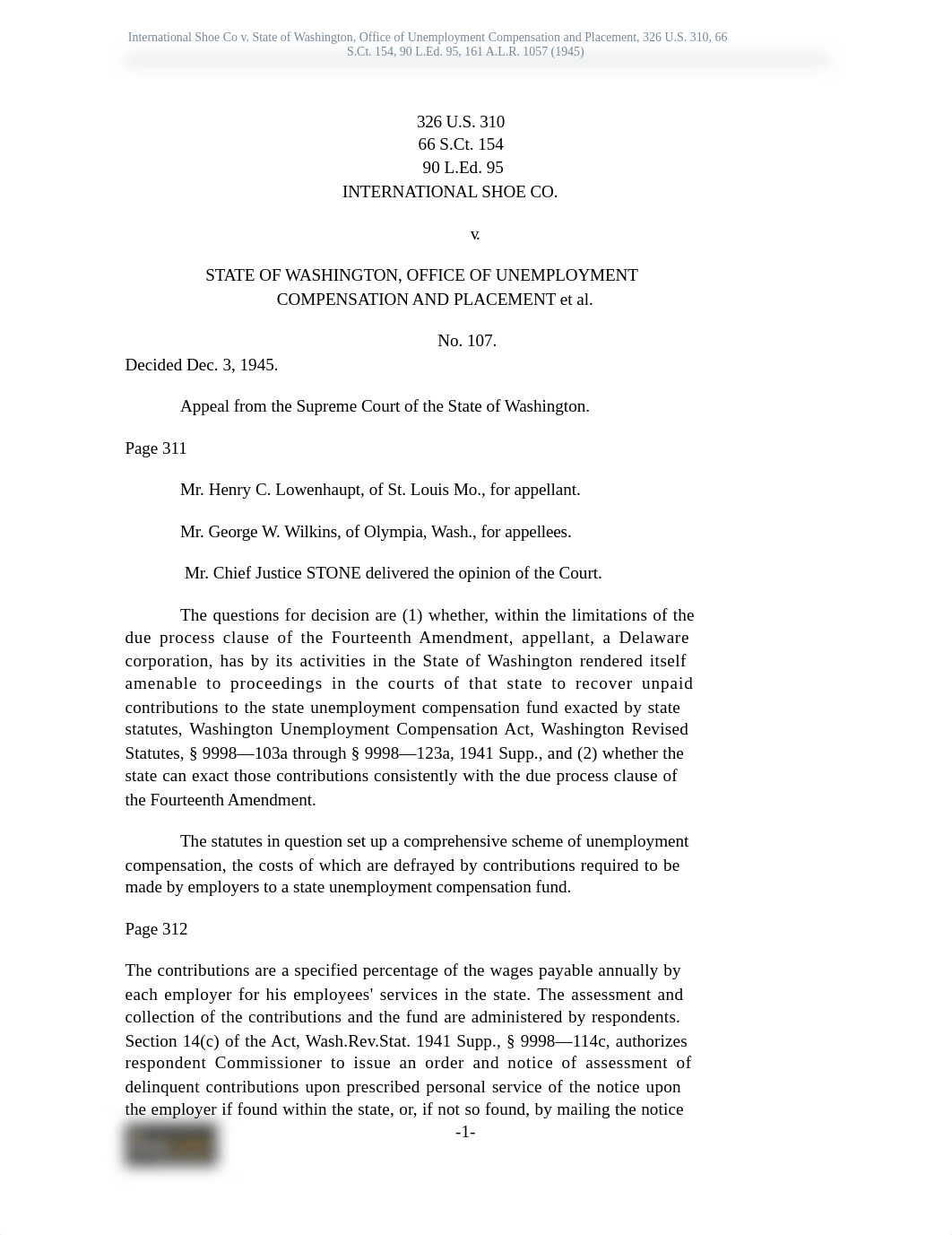 International Shoe Co v. State of Washington, Office of Unemployment Compensation and Placement, 326_d6xrsbaipa0_page1