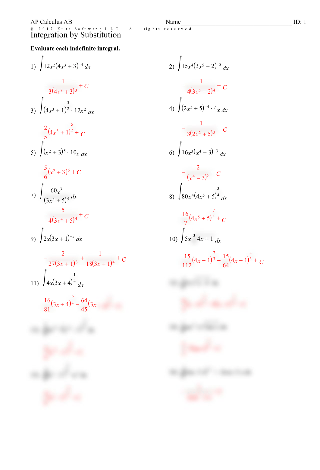 Kuta - 6-2 Integration by Substitution - ANSWERS.pdf_d6xzfehz153_page1