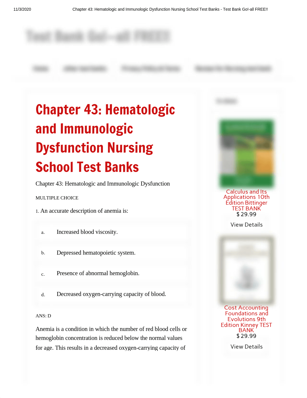 Chapter 43_ Hematologic and Immunologic Dysfunction Nursing School Test Banks - Test Bank Go!-all FR_d6ze4blmbg6_page1