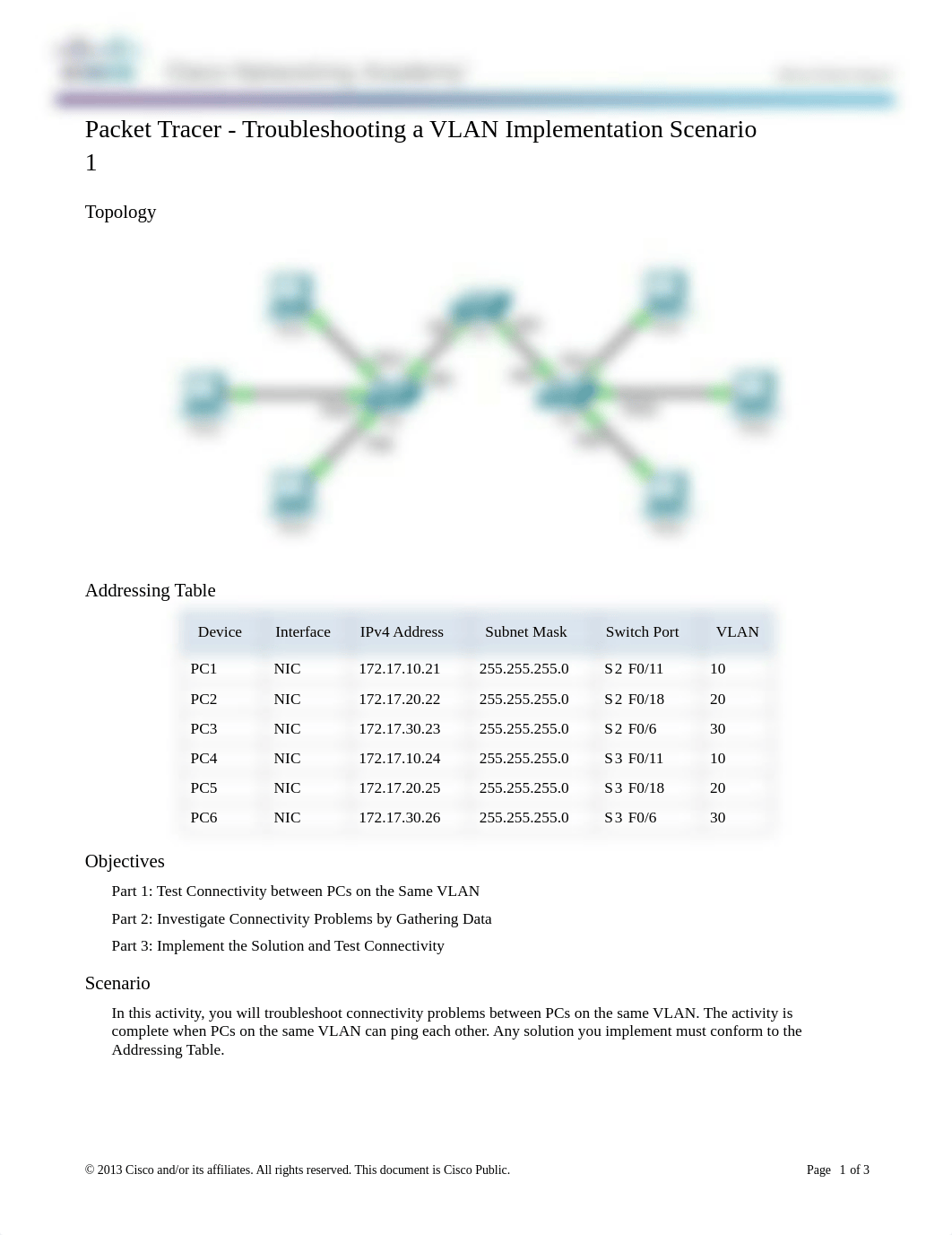 6.2.3.7 Packet Tracer - Troubleshooting a VLAN Implementation - Scenario 1 Instructions.pdf_d74hvn8wjzu_page1