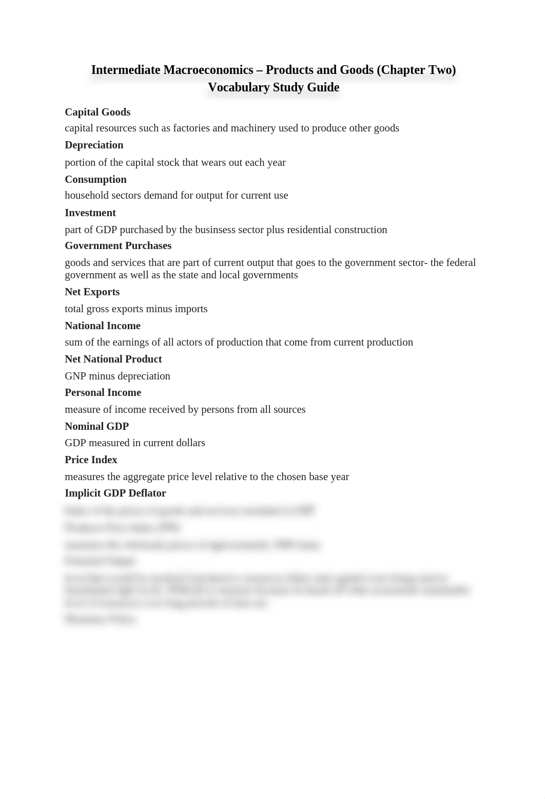 Intermediate Macroeconomics - Products and Goods (Chapter Two) Vocabulary Study Guide_d78uky6i5xy_page1