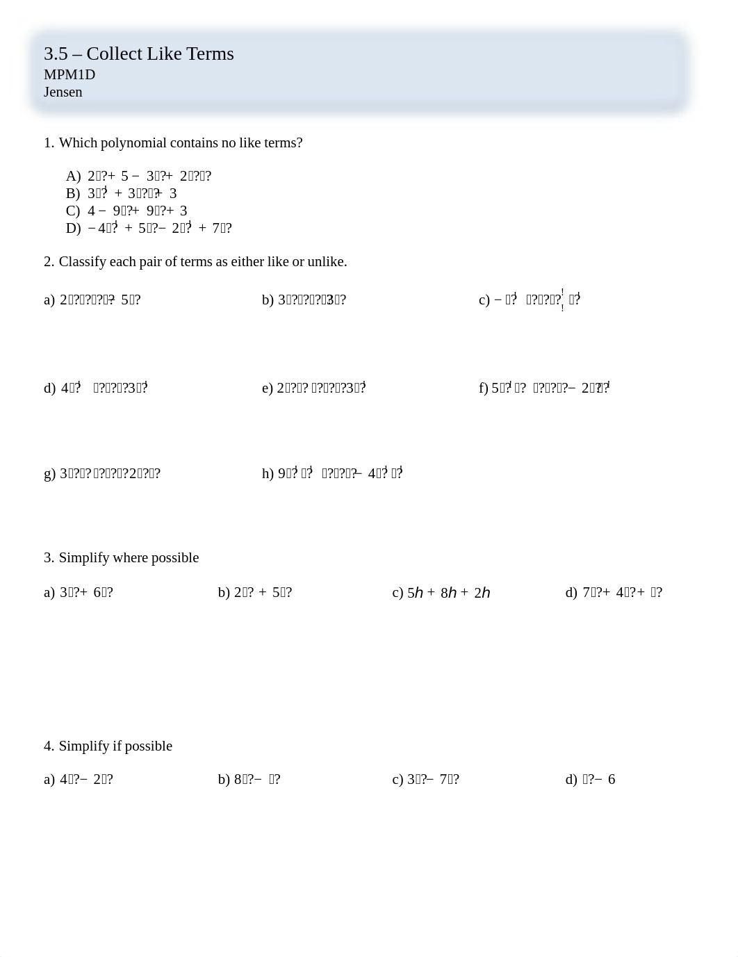 3.5 collecting like terms worksheet-1.pdf_d7dmy2xs3l2_page1