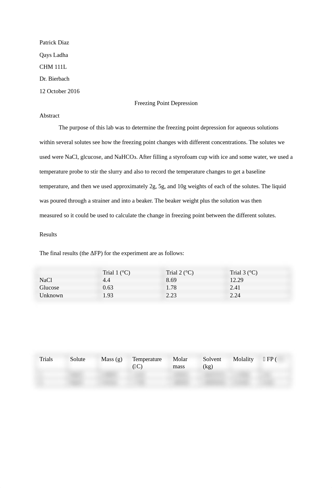 CHM 111L Freezing Point Depression Lab Report_d7e5rpkhzte_page1