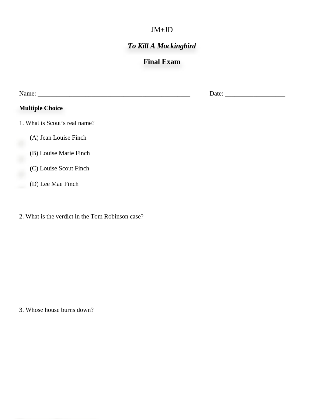 To Kill A Mockingbird Final Exam- Mulitple Choice_d7hmpn6j9fb_page1