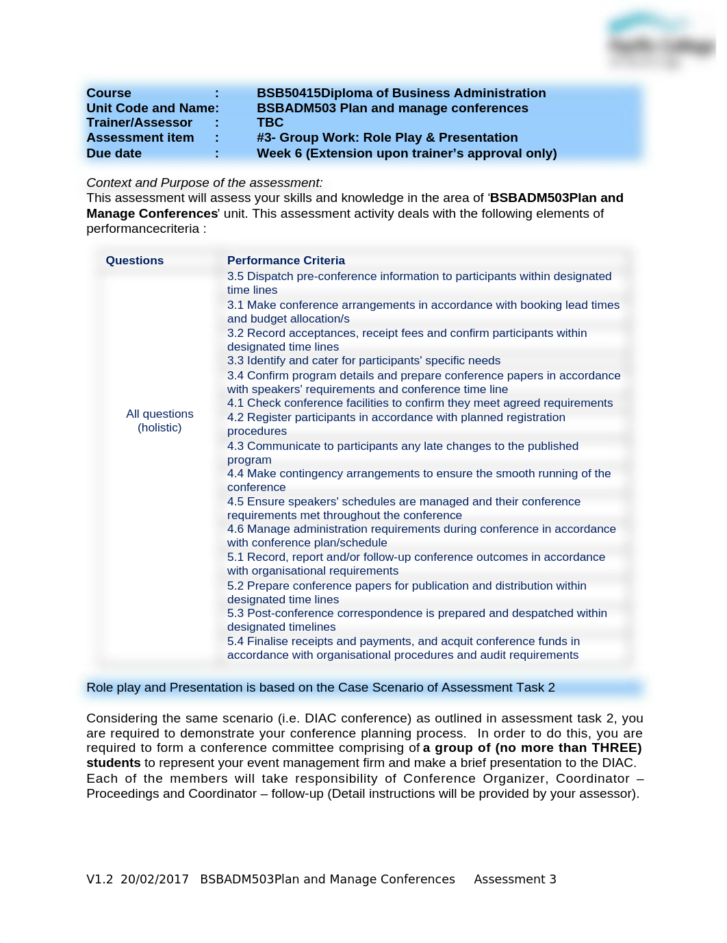 2017 Assessment 3 BSBADM503 Plan and manage conferences 1.doc_d7hoouzjjdk_page1