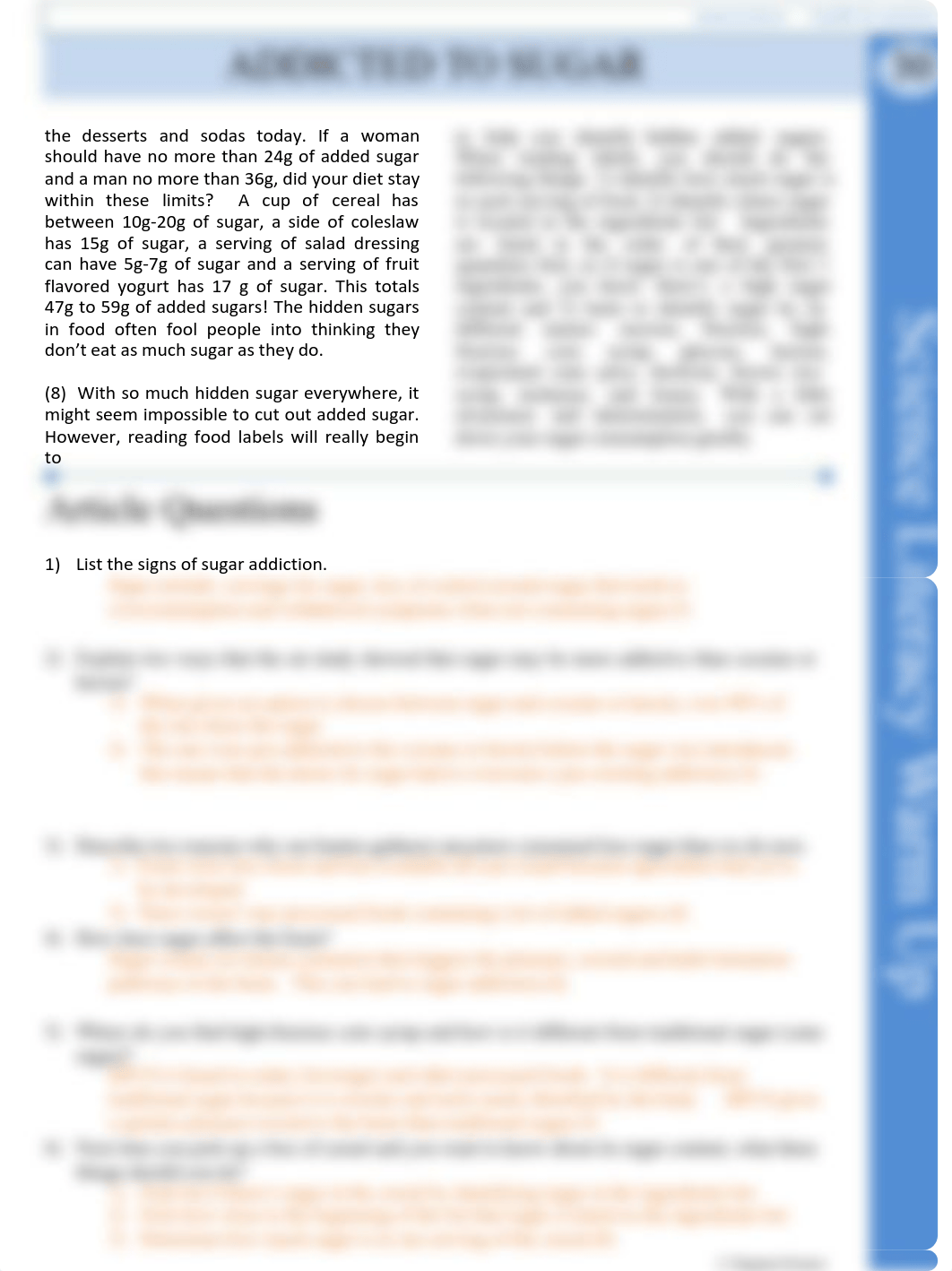 Science Reading Article 30 - Addicted to Sugar - Answer Key.pdf_d7itd526nh8_page1