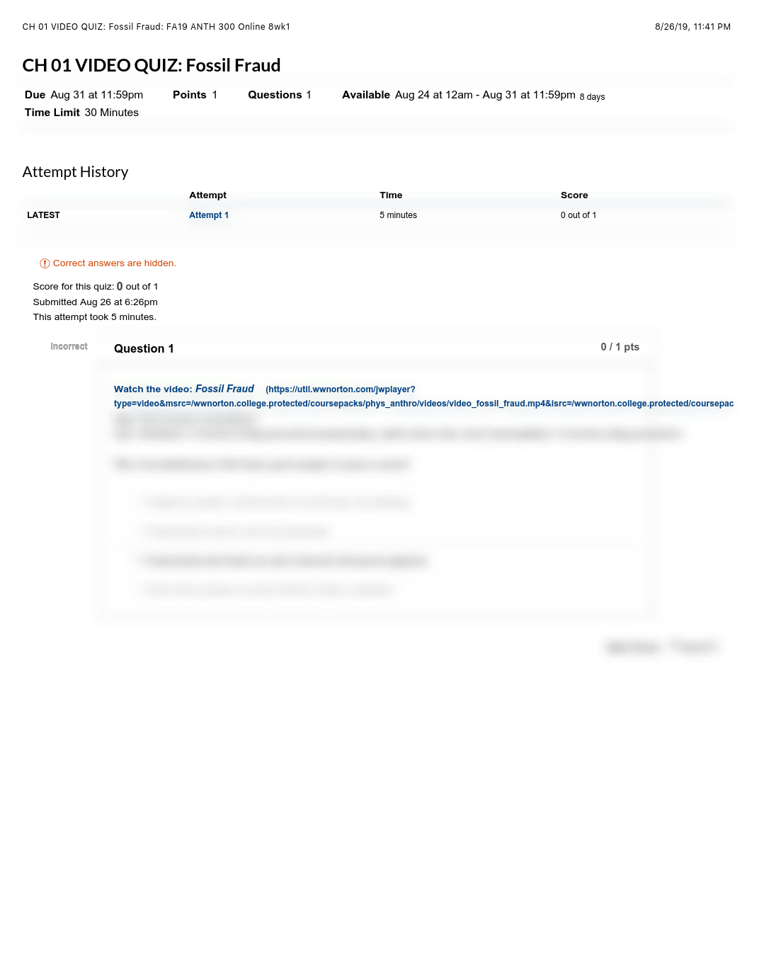CH 01 VIDEO QUIZ: Fossil Fraud: FA19 ANTH 300 Online 8wk1.pdf_d7k66mzrexp_page1