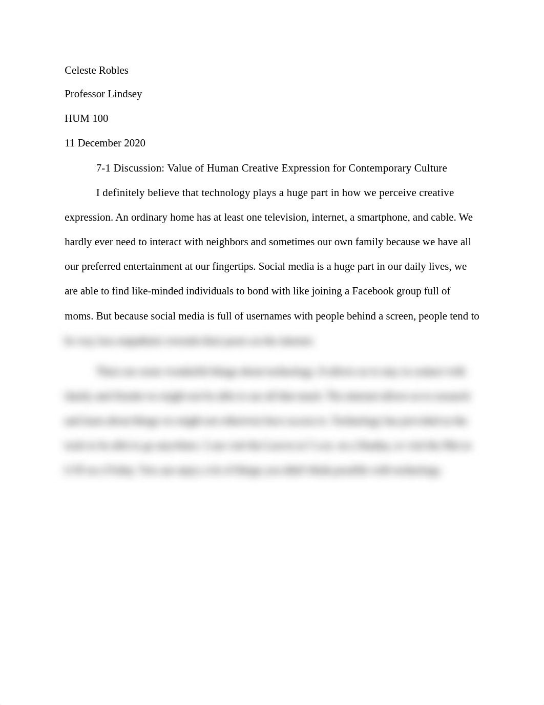 HUM 100 7-1 Discussion- Value of Human Creative Expression for Contemporary Culture.docx_d7lp3f5r43n_page1