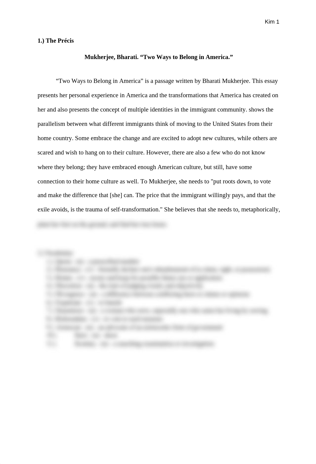 Precis #8 - Two Ways to Belong in America by Bharati Mukherjee - Kim, Dong Min.docx_d7plaz3kz78_page1