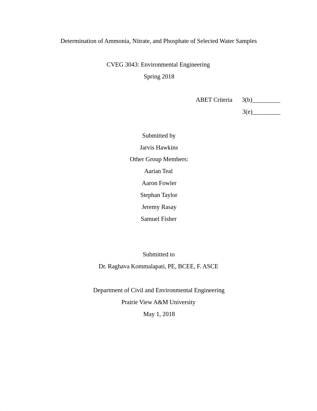 Cveg 3043 lab 5 Determination of Ammonia, Nitrate, and Phosphate of Selected Water Samples Jarvis Ha_d7ptzeklbgm_page1