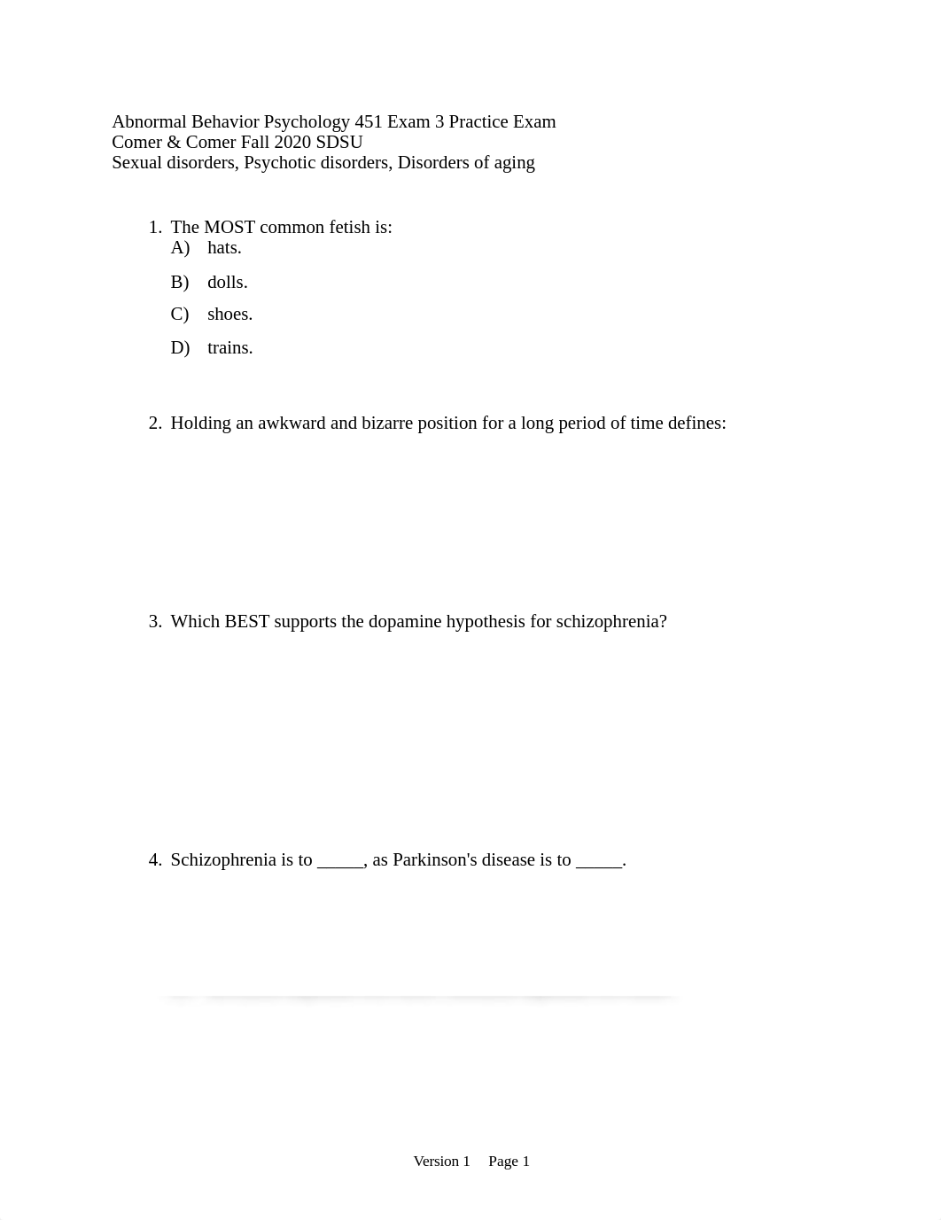 Abnormal Behavior, Sexual disorders, Psychotic disorders, Disorders of Aging  451 Practice Test.docx_d7vxn8wpss1_page1