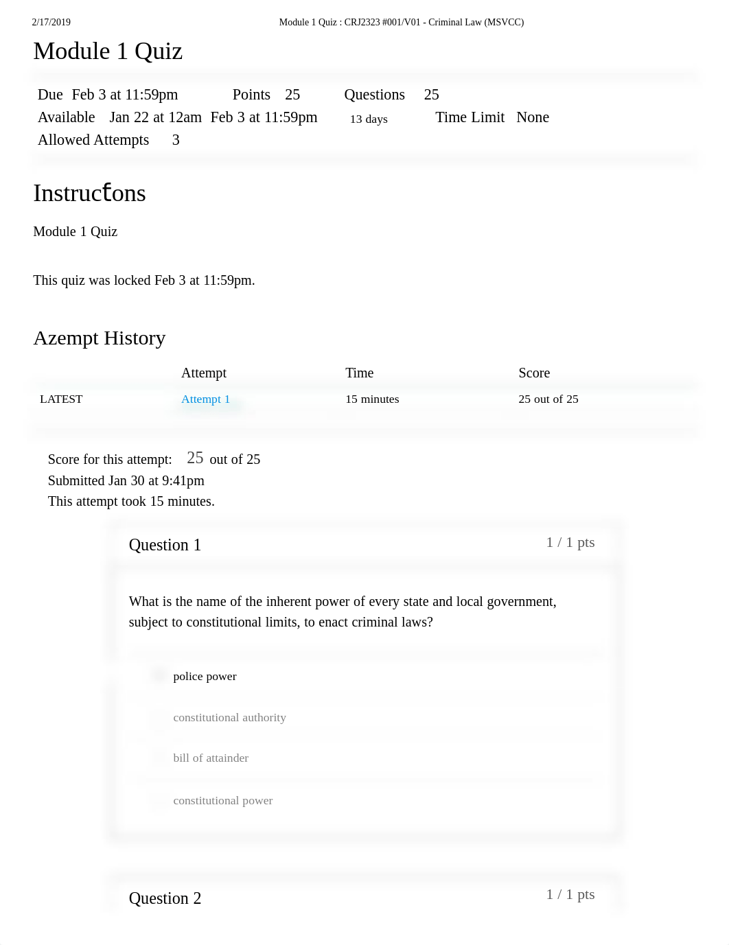 Module 1 Quiz - CRJ2323 #001-V01 - Criminal Law (MSVCC) copy.pdf_d7vzz89bakj_page1