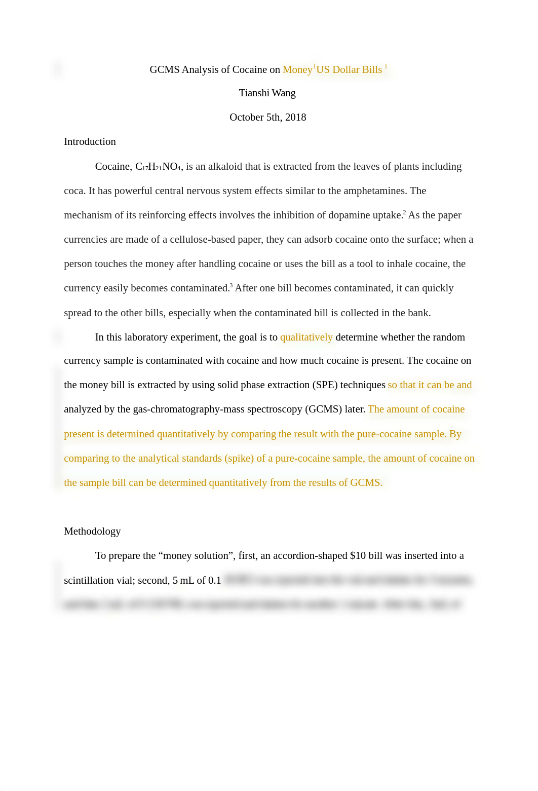 Lab Report of GCMS Analysis of Cocaine on Money (2).docx_d7x70l9v81x_page1