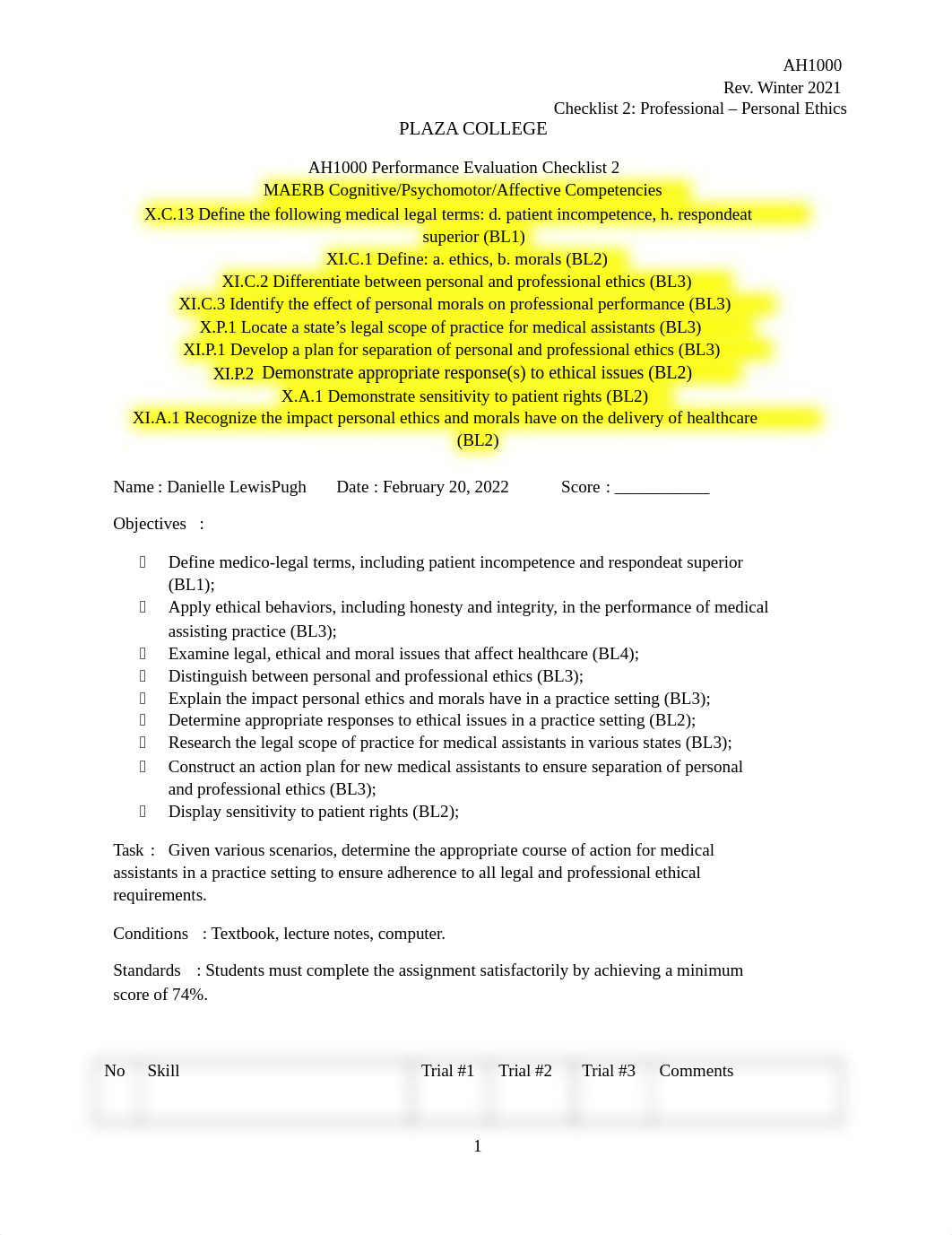 Danielle LewisPugh    AH1000_Checklist_2_Ethics_New_Revised_Highlighted_Canvas-1-2.docx_d7x7be7pa5x_page1