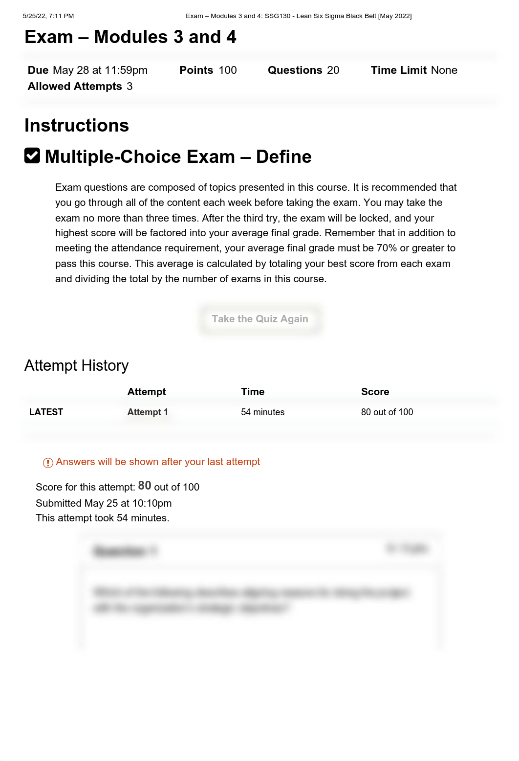 Exam - Modules 3 and 4_ SSG130 - Lean Six Sigma Black Belt [May 2022].pdf_d81ejpt37uo_page1