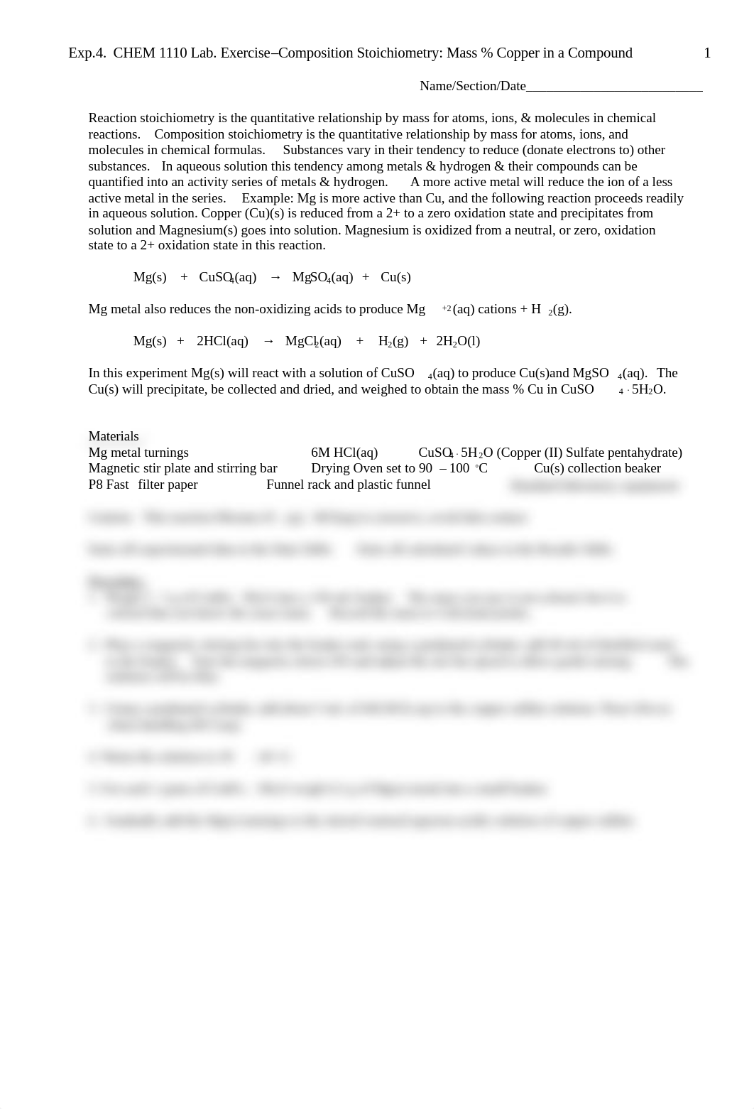 4. CHEM 1110 Lab. Exercise - Composition Stoichiometry -Mass % Cu in a Compound .pdf_d84i3ew2ldp_page1