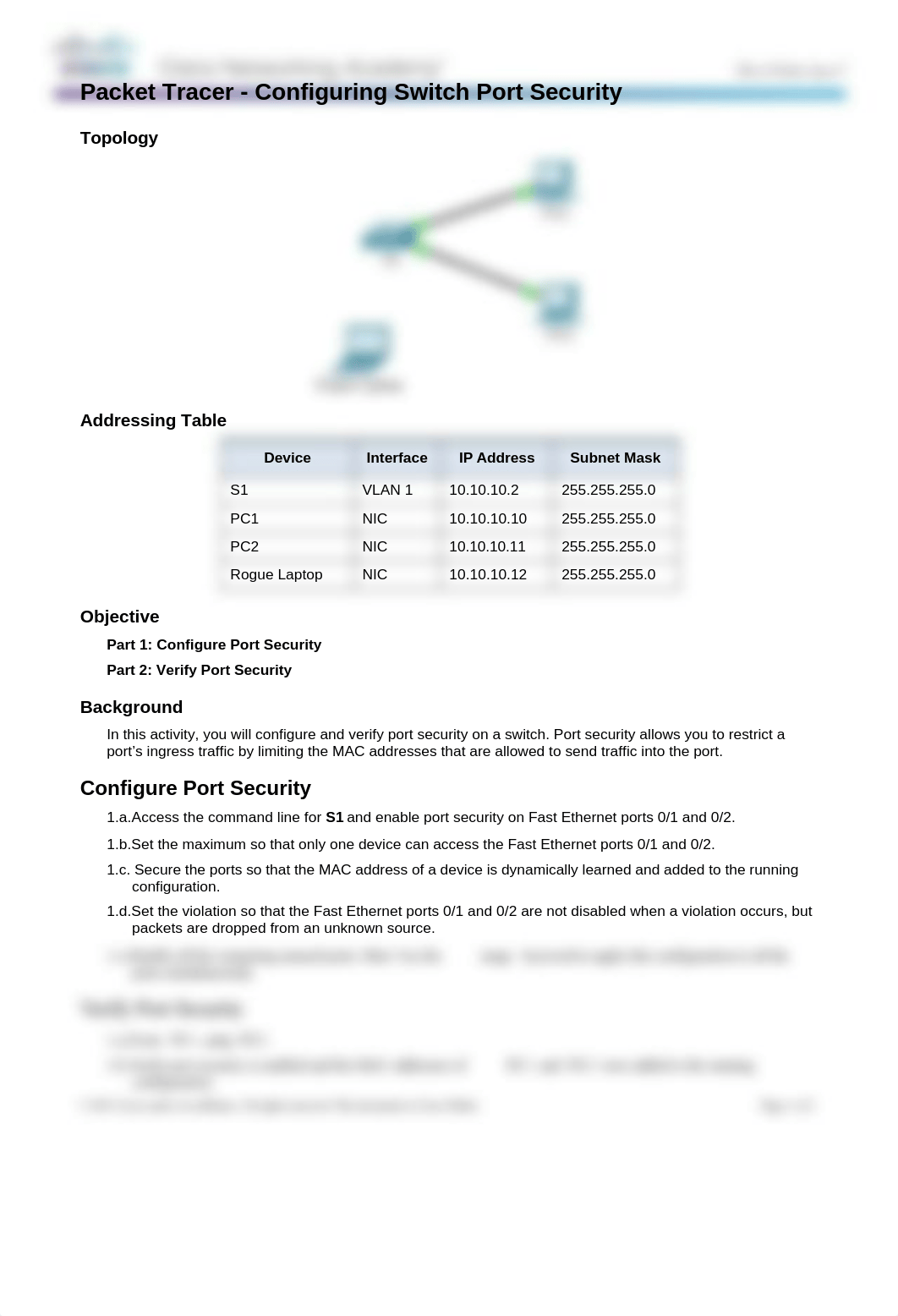 2.2.4.9 Packet Tracer - Configuring Switch Port Security Instructions_d88jlnk61sp_page1