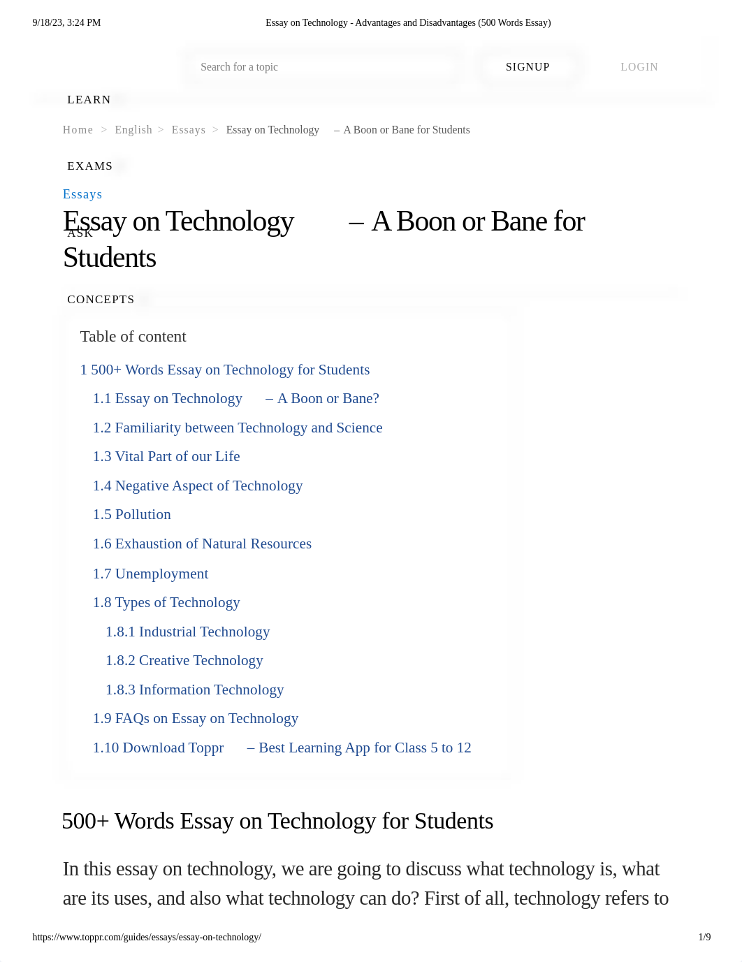 Essay on Technology - Advantages and Disadvantages (500 Words Essay).pdf_d8asu9wu1fl_page1