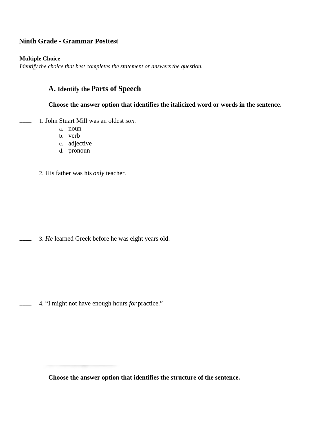 9th Grade Grammar Posttest.docx_d8cuyxn394g_page1