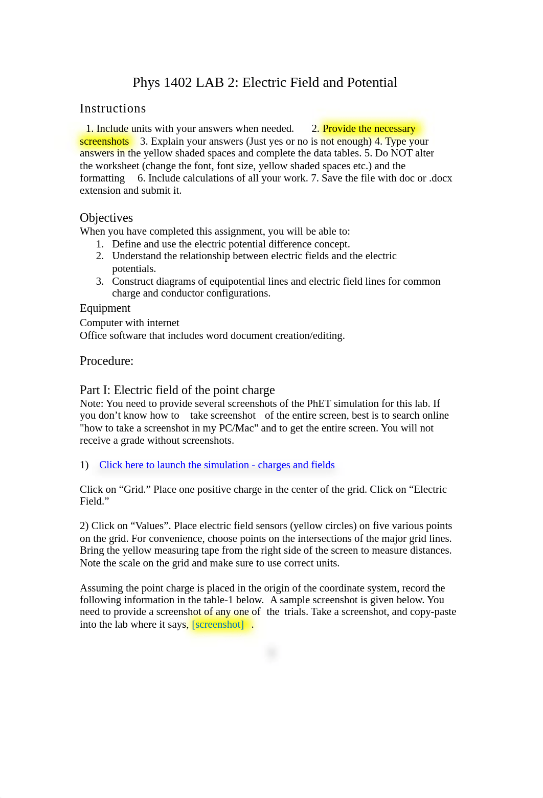 Phys 1402 Lab 2 Electric field and Potential - Tagged.pdf_d8eqespng7t_page1