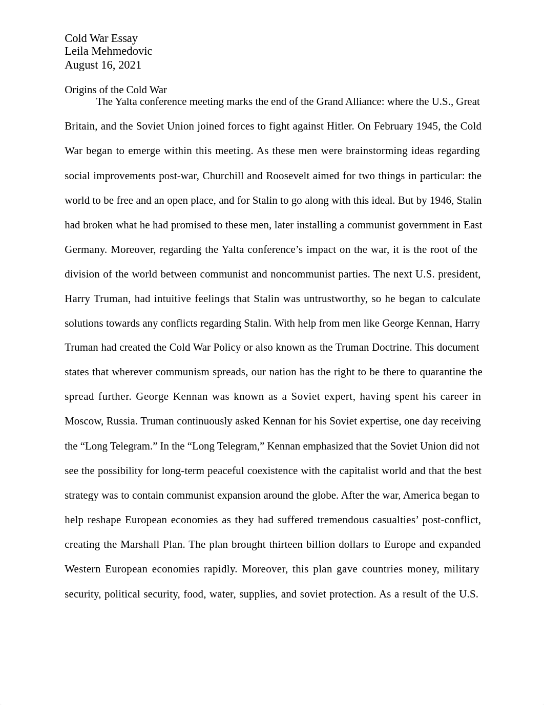 The Cold War Essay - Leila Mehmedovic.docx_d8ihxqhm2bo_page1