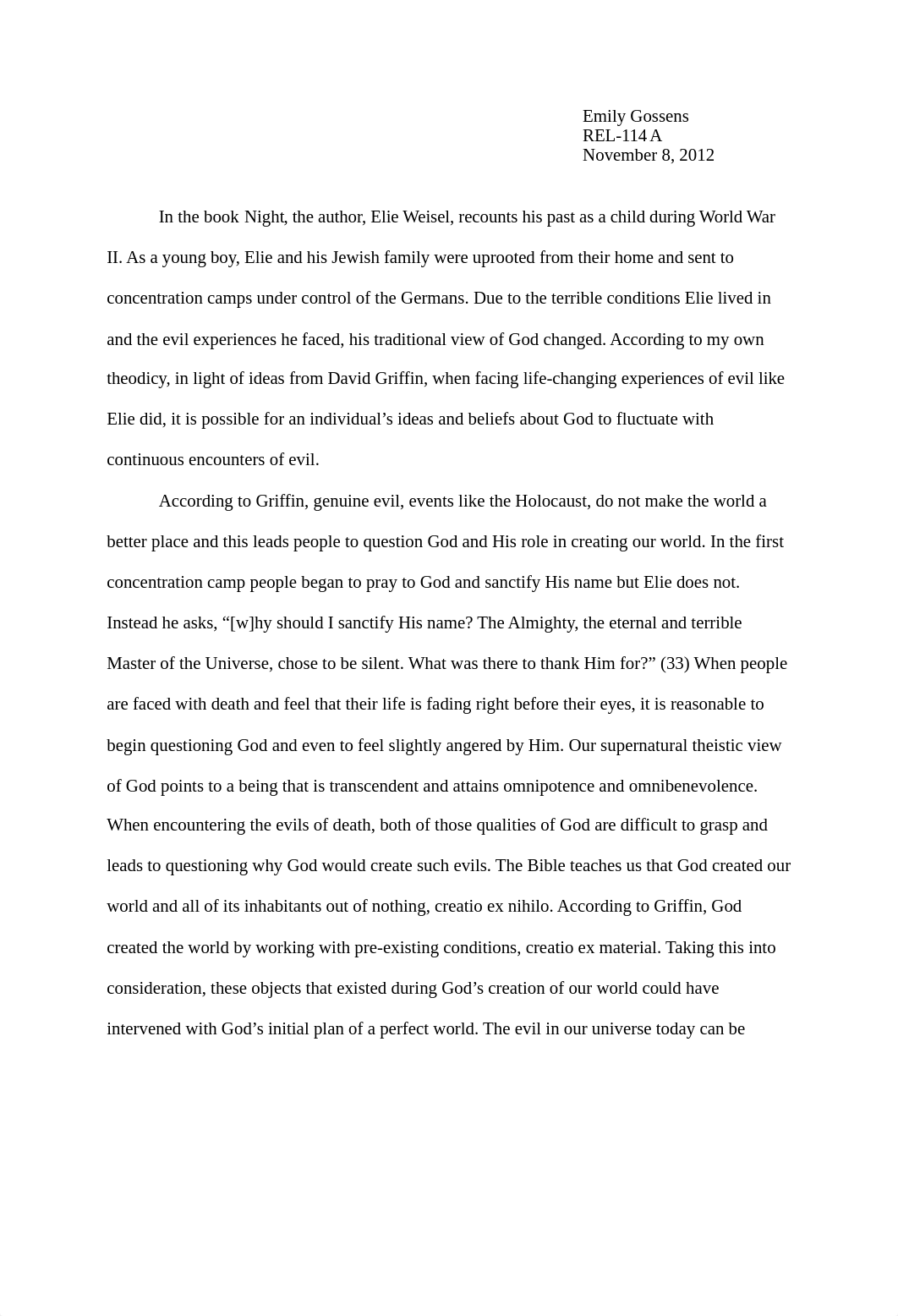 Theology essay #2 on the book Night by Elie Weisel RELS 114_d8l7mns0elq_page1