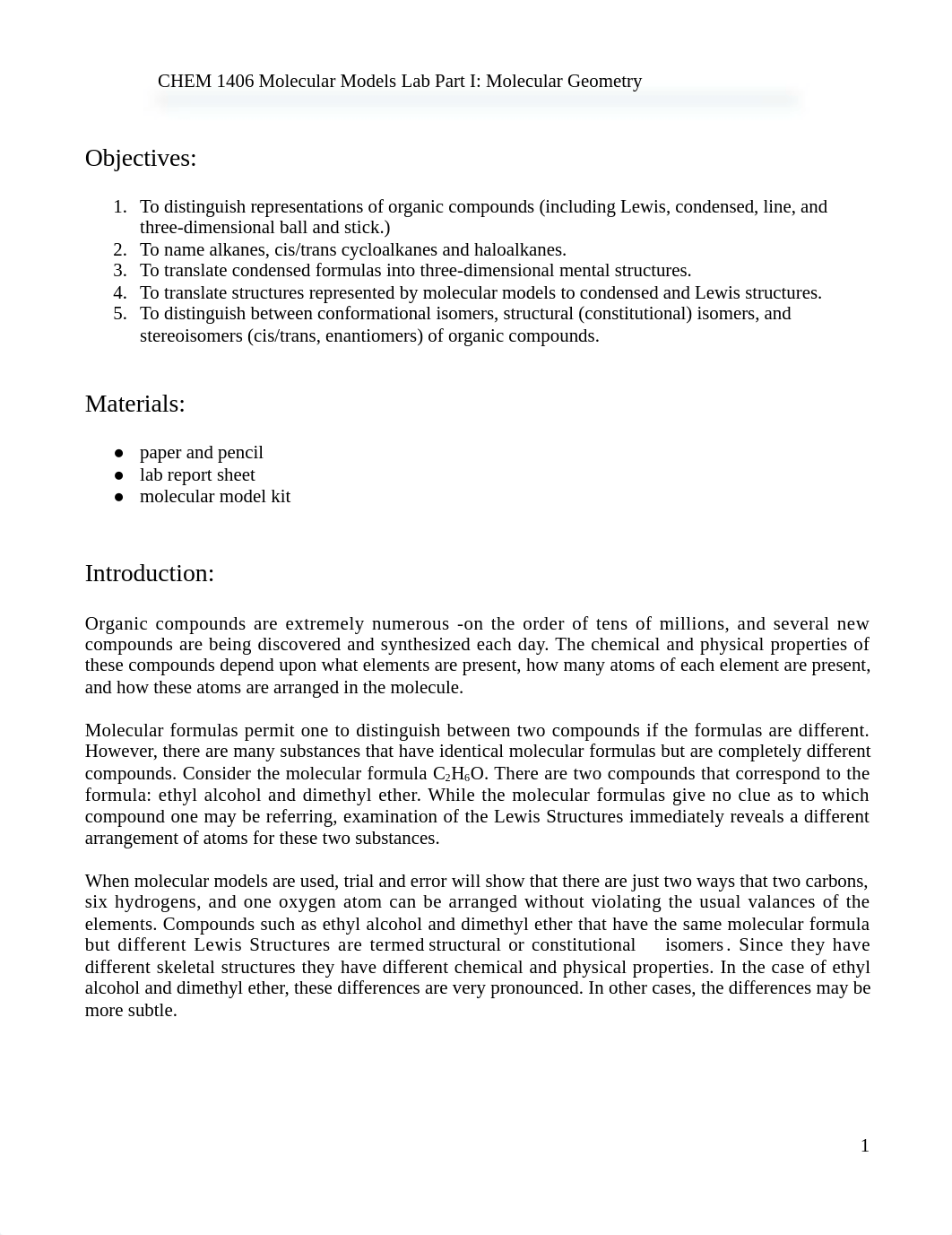 CHEM 1406 1407 Molecular Models Lab Part I Molecular Geometry 1-15-20.docx_d8nxhc08to4_page1